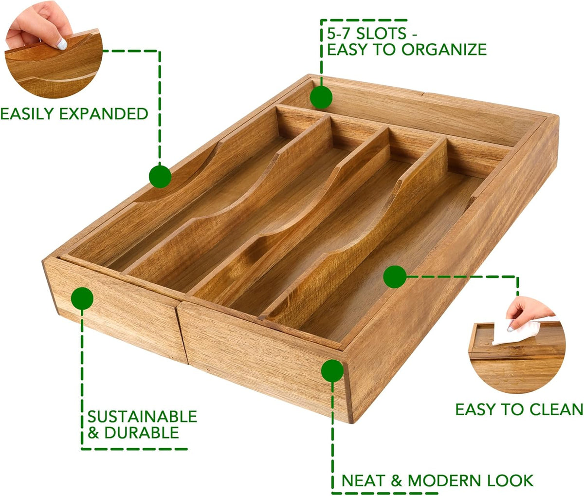 Oridom - Organizador de cajones extensible de acacia para cubiertos...