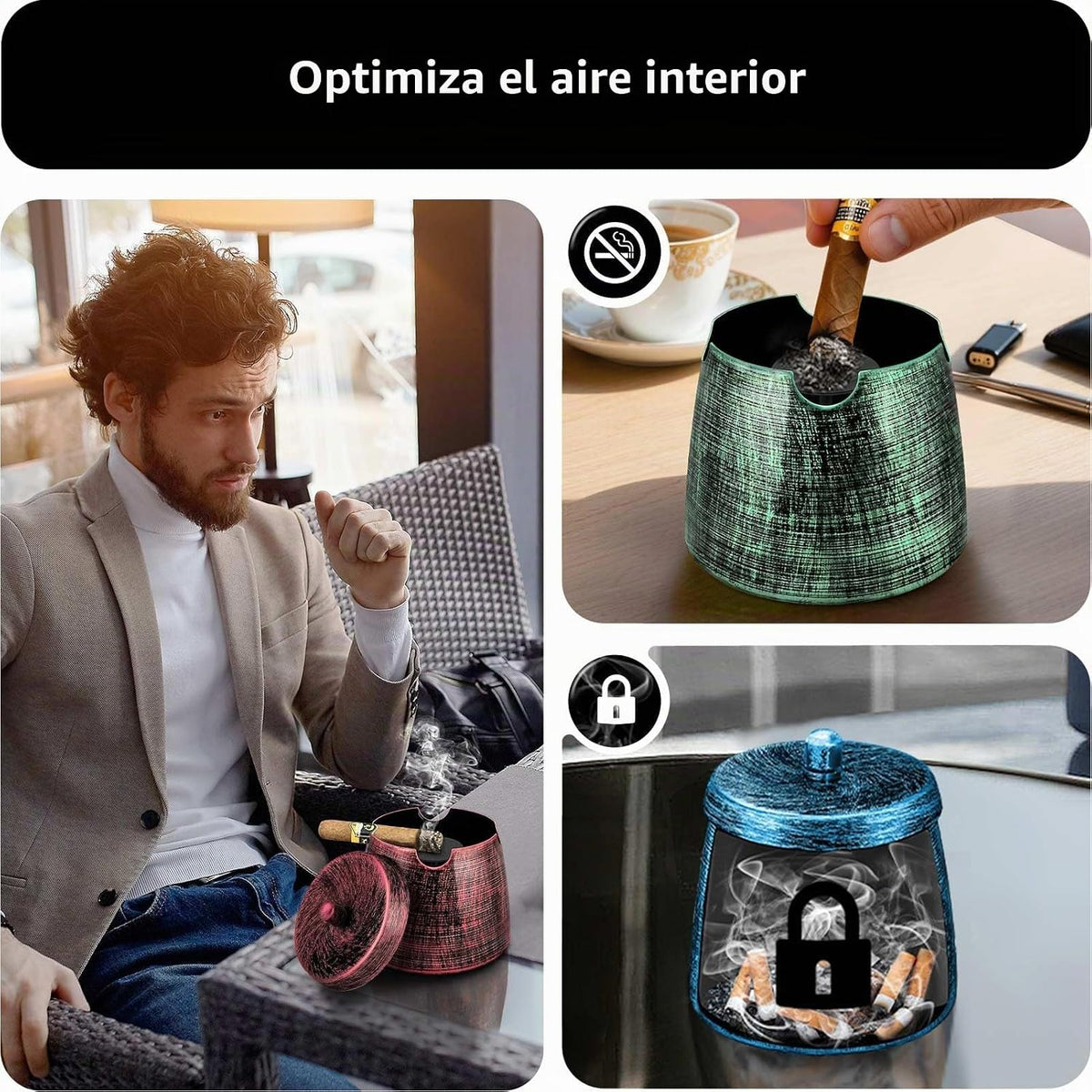 roygra Cenicero para cenizas con tapa, cenicero de cigarros al aire...