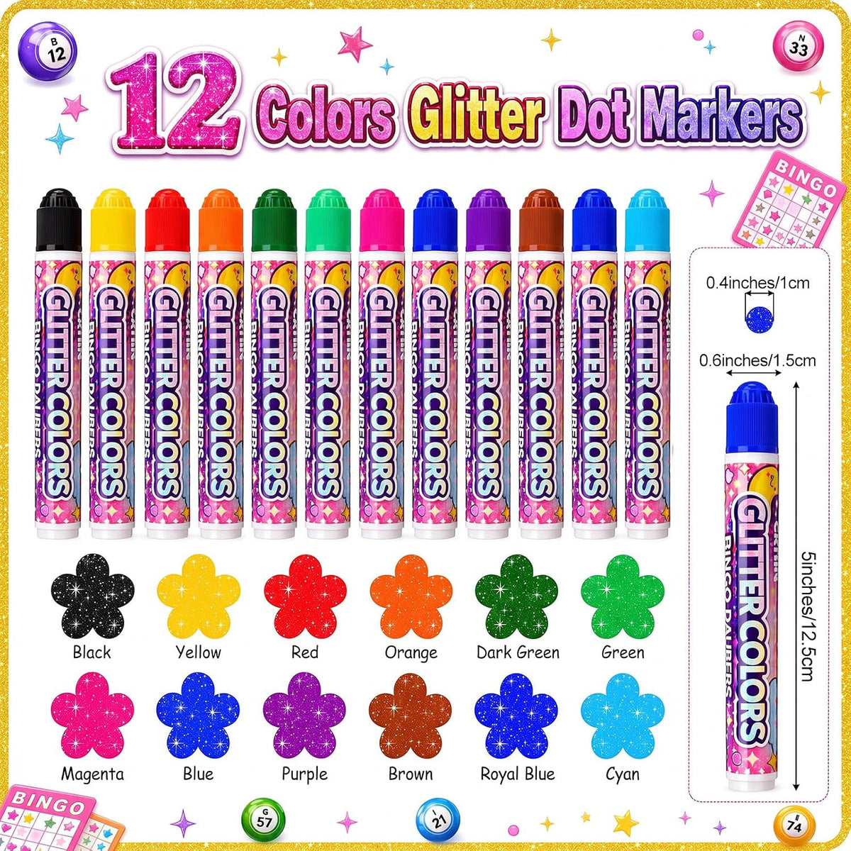 Crtiin Paquete de 96 Daubers de bingo con purpurina, 12 colores de...