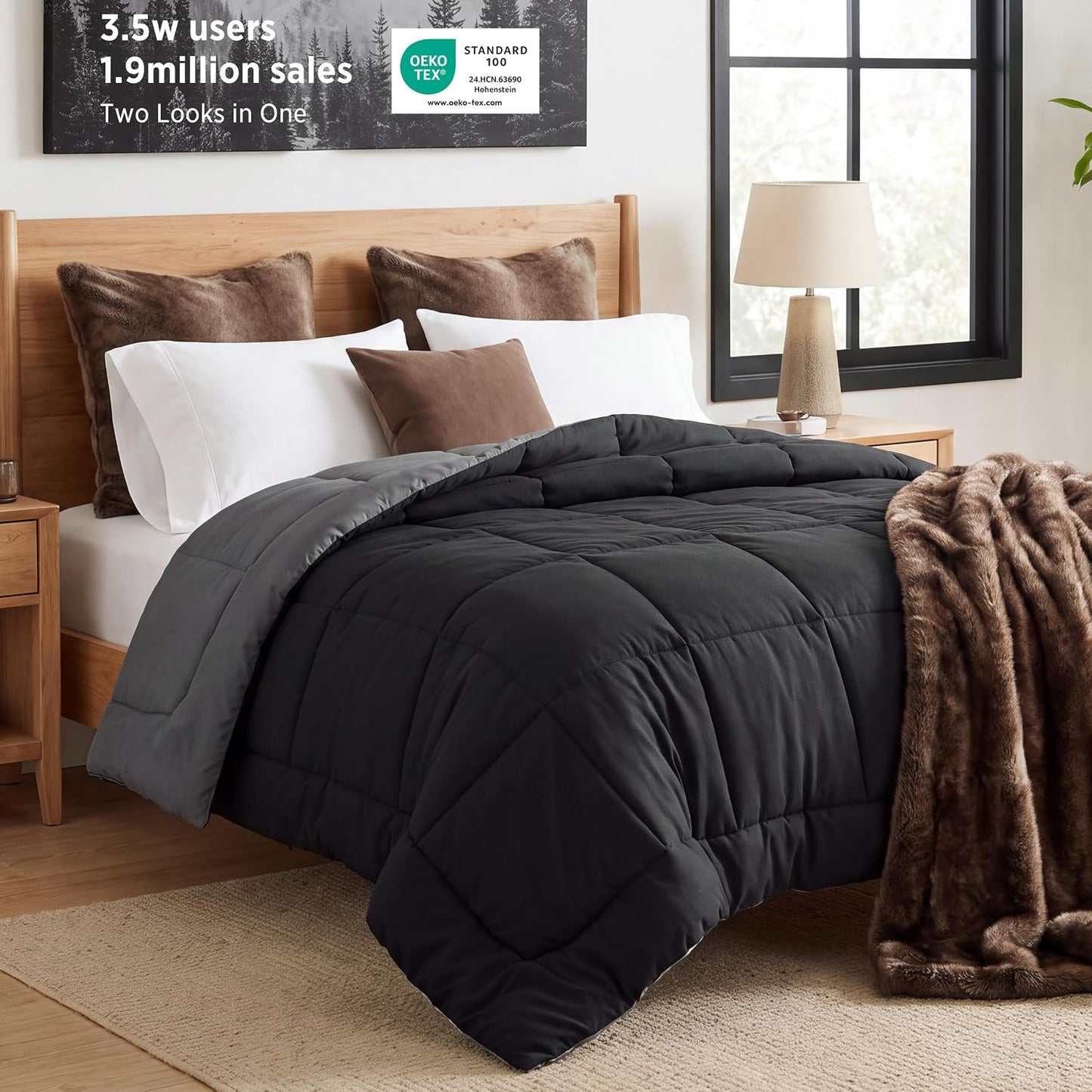 Bedsure Edredones Tamaño Queen - Relleno de Edredón Negro\/Gris Alt...
