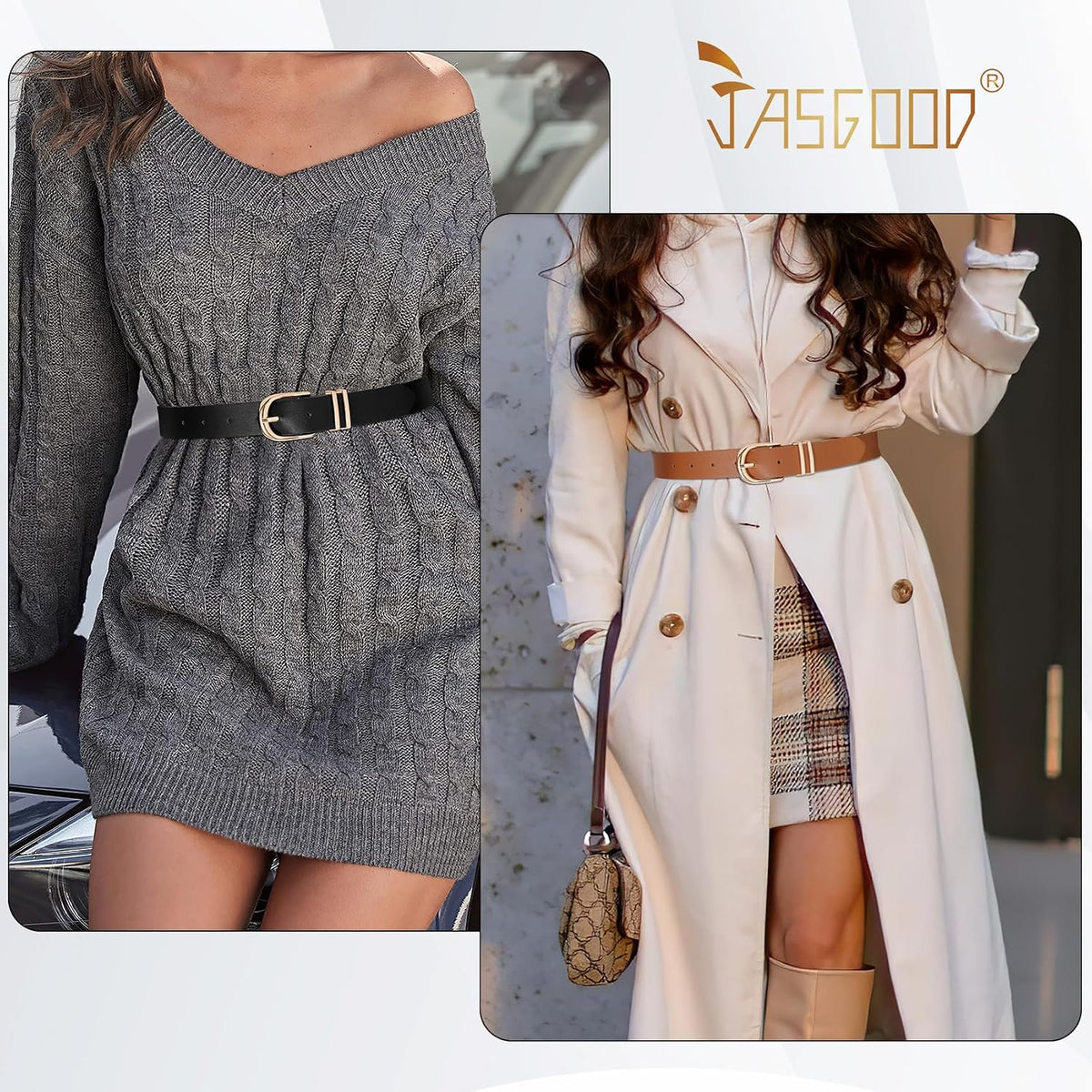 JASGOOD Paquete de 3 cinturones de cuero para mujer para jeans, ves...