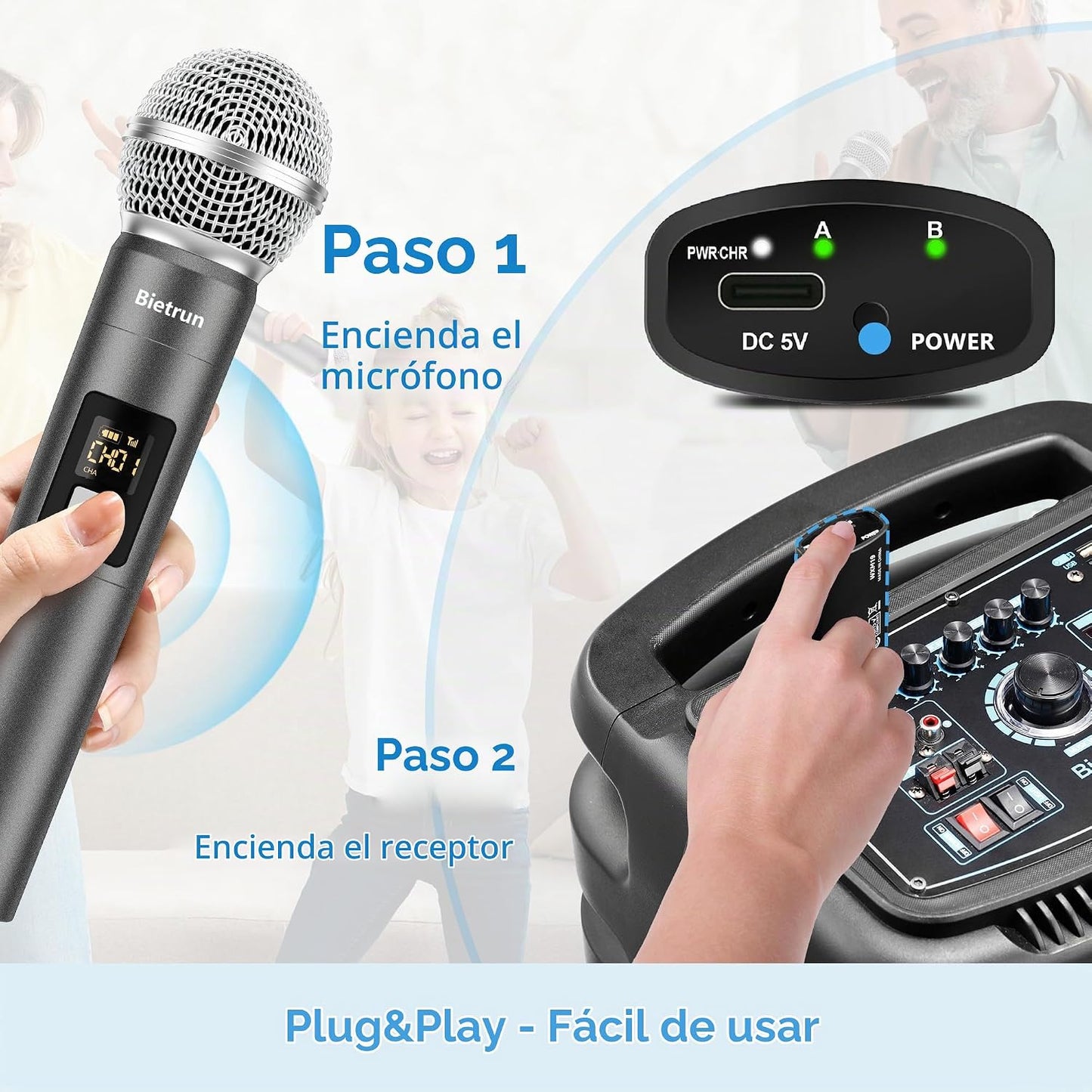 Bietrun Micrófono inalámbrico, juego de micrófonos UHF de mano, din...