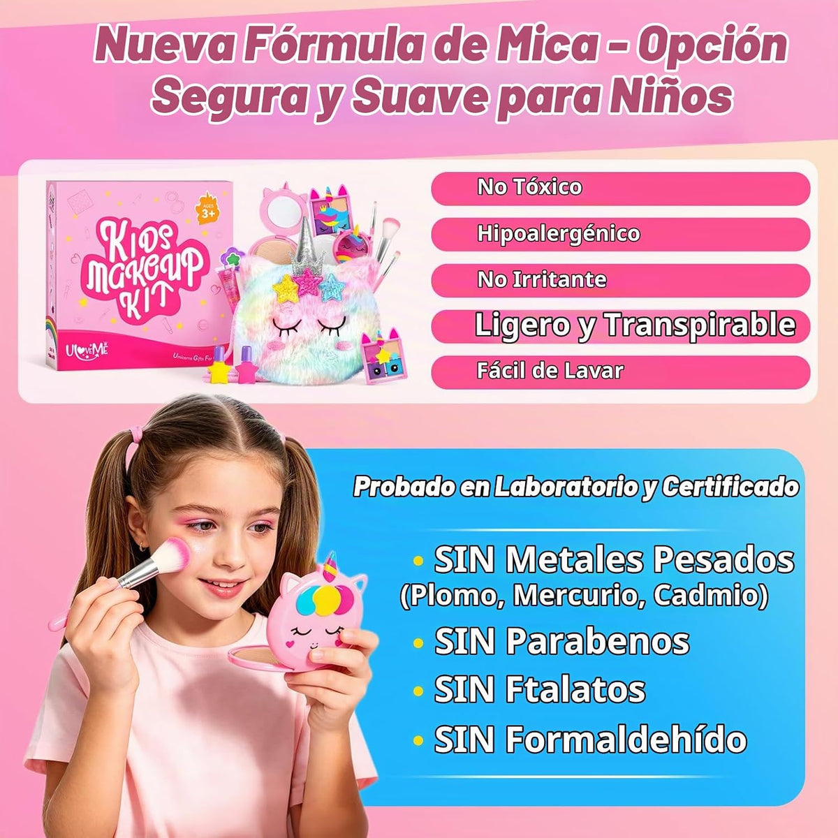 Kit de maquillaje real sin talco para niñas con bolso de unicornio...