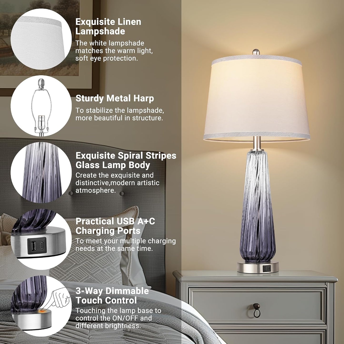 Lámparas de mesa modernas de cristal, lámparas de noche de 27.5 pul...