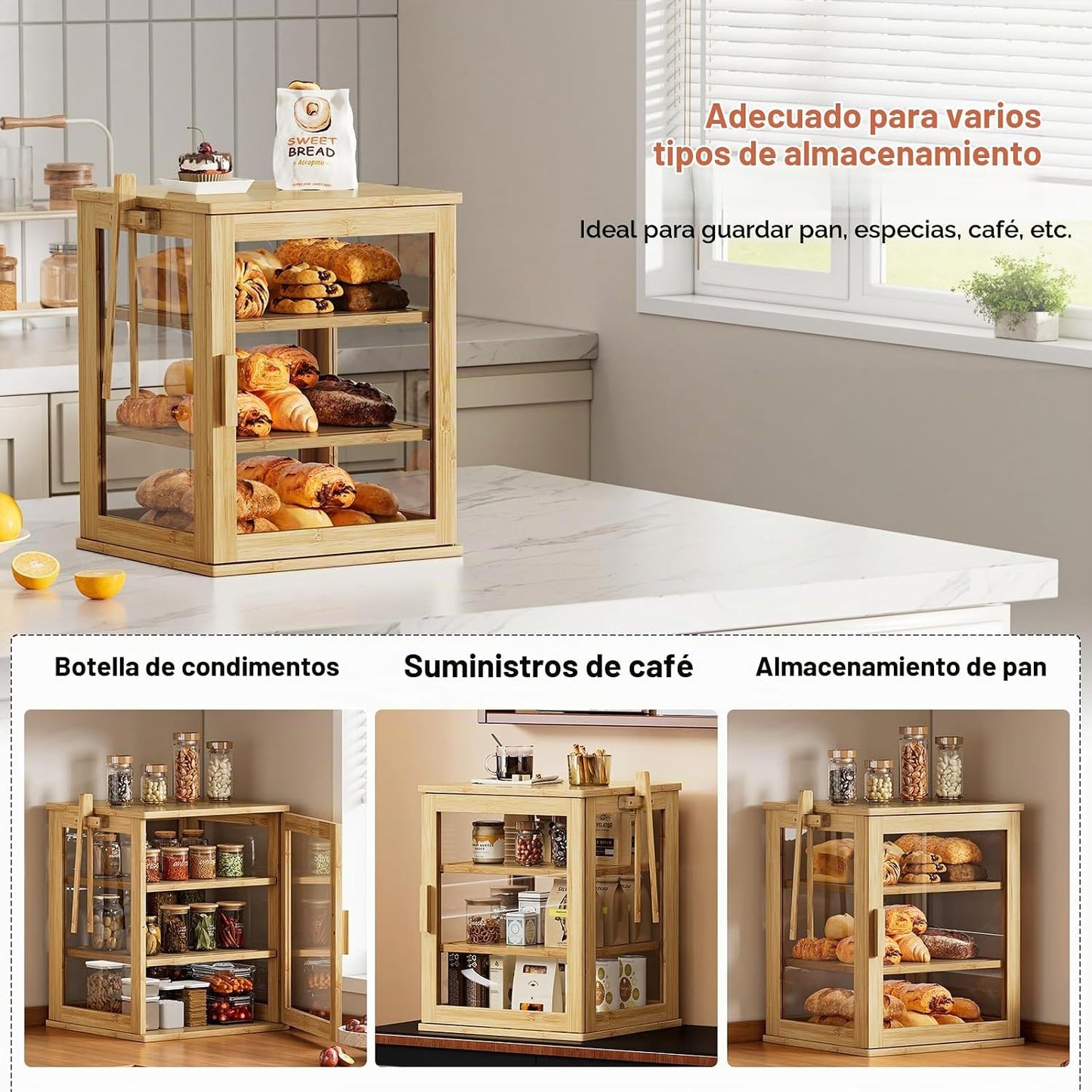 WOWLIVE Panera de bambú para encimera de cocina, contenedor grande...