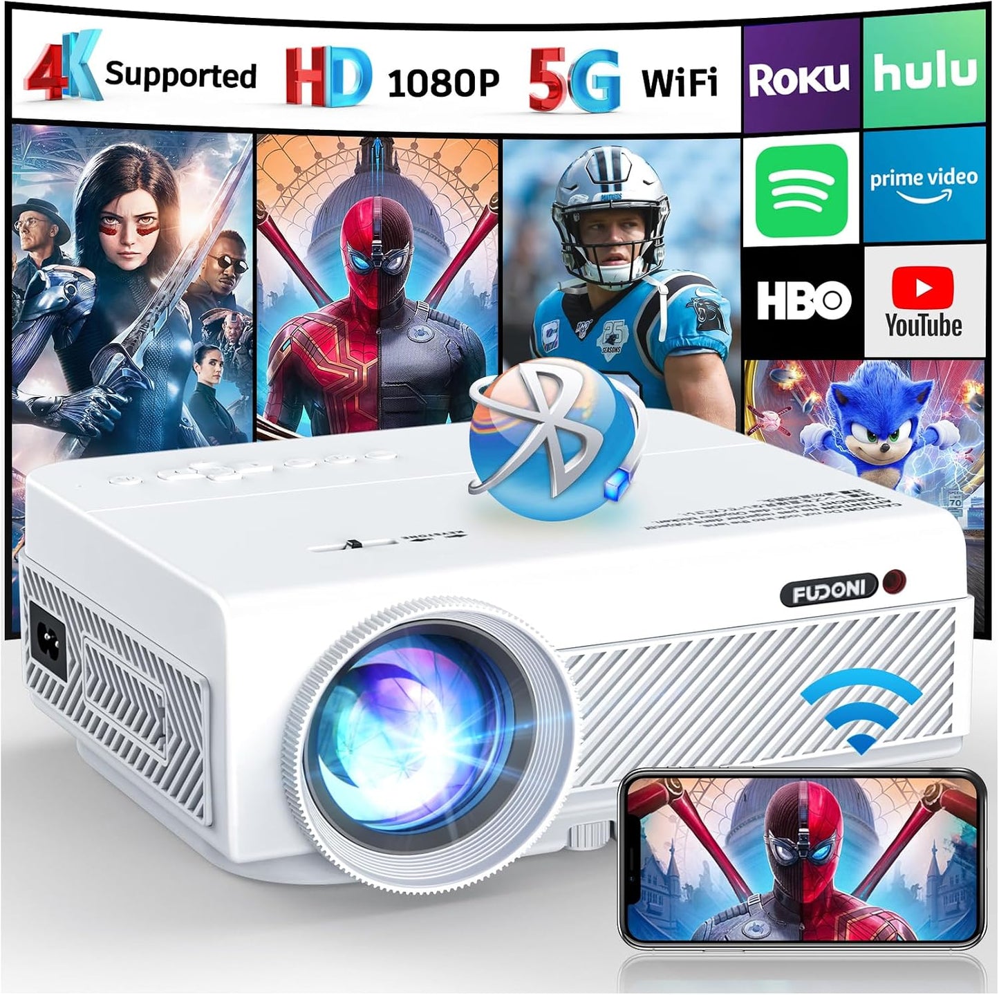 FUDONI Proyector con WiFi y Bluetooth, 5G WiFi nativo 1080P Proyect...