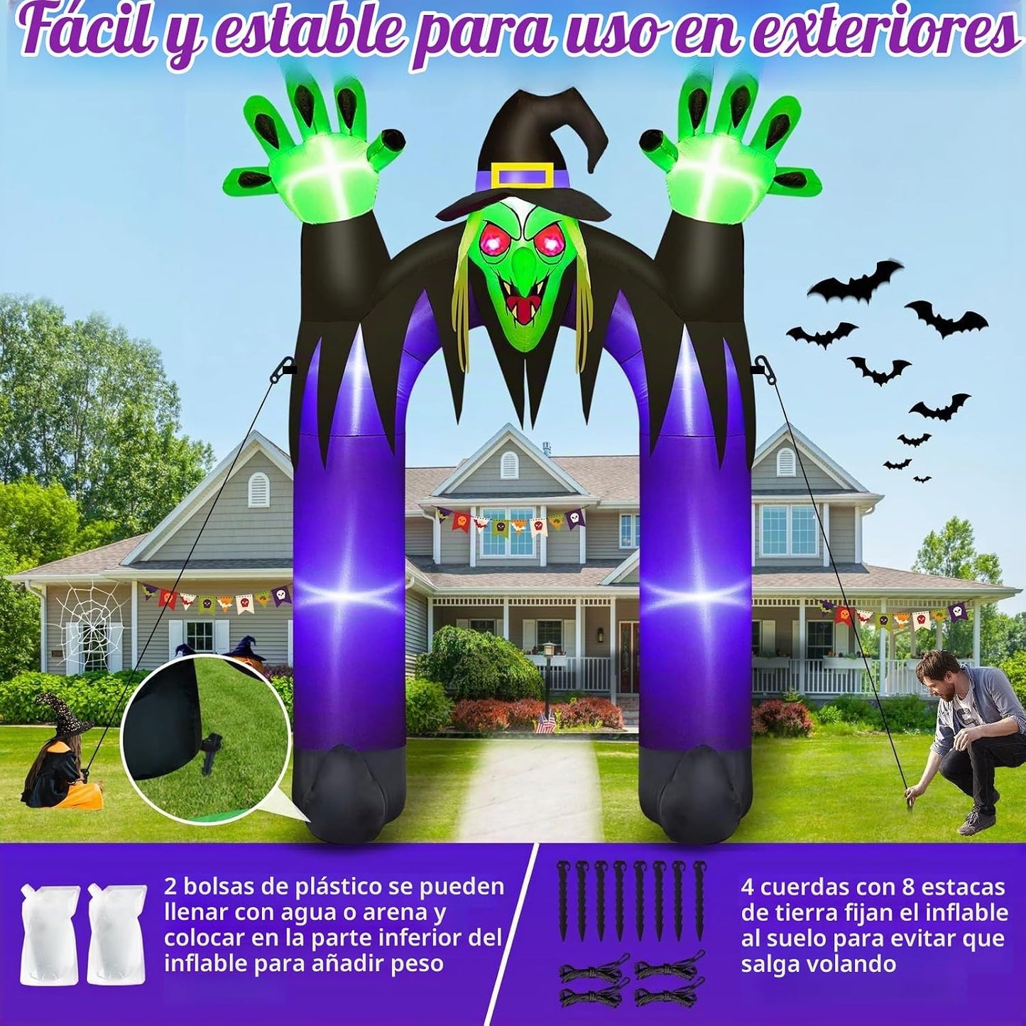 Danxilu Inflables de Halloween de 10 pies de alto, arco de bruja pa...