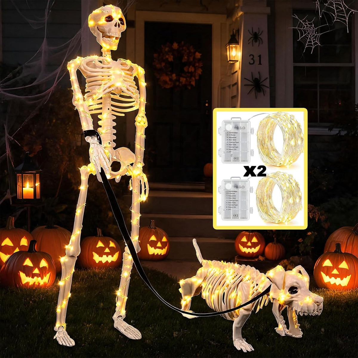 Decoraciones iluminadas de Halloween de esqueleto humano y perro pa...