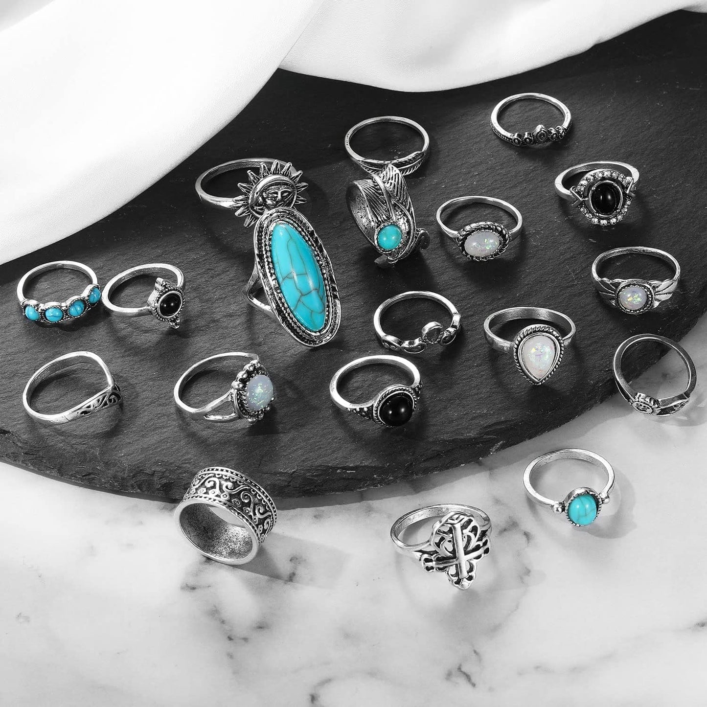 17IF Juego de anillos de nudillos plateados vintage para mujeres y...