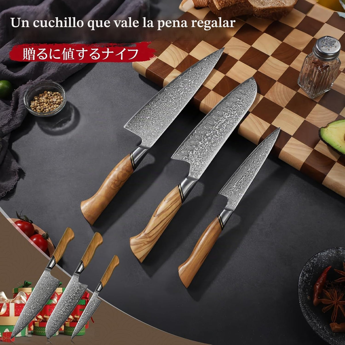 TIVOLI - Juego de cuchillos de cocina de Damasco, juego de 3 cuchil...