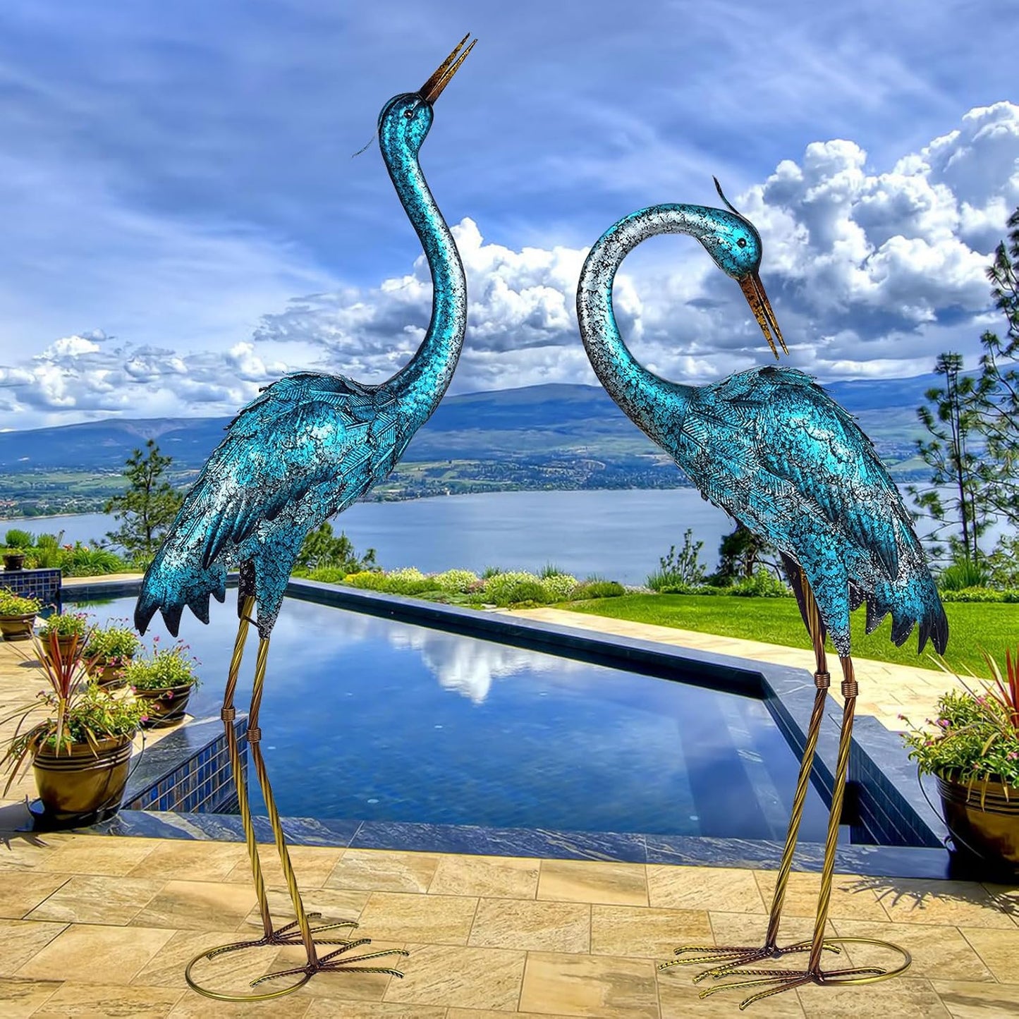 Kircust Blue Heron - Juego de 2 esculturas de jardín con grúa de me...