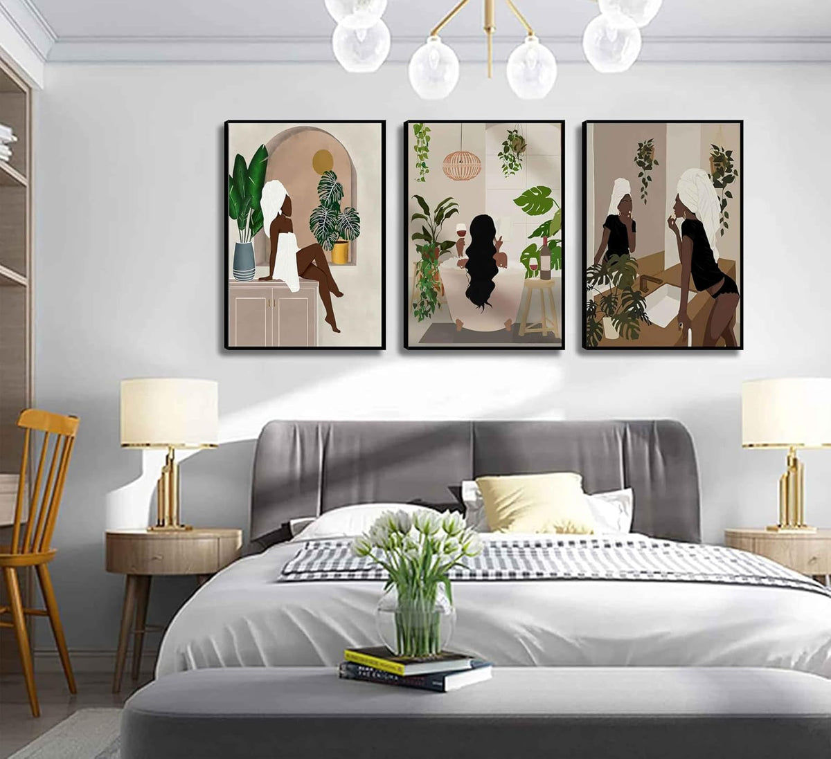 WSTUKVV 3 piezas de arte de pared de baño de niña negra, estilo boh...