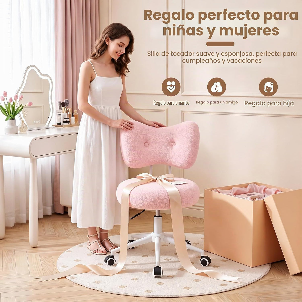 Silla de tocador pequeña con ruedas, cómoda silla de escritorio con...