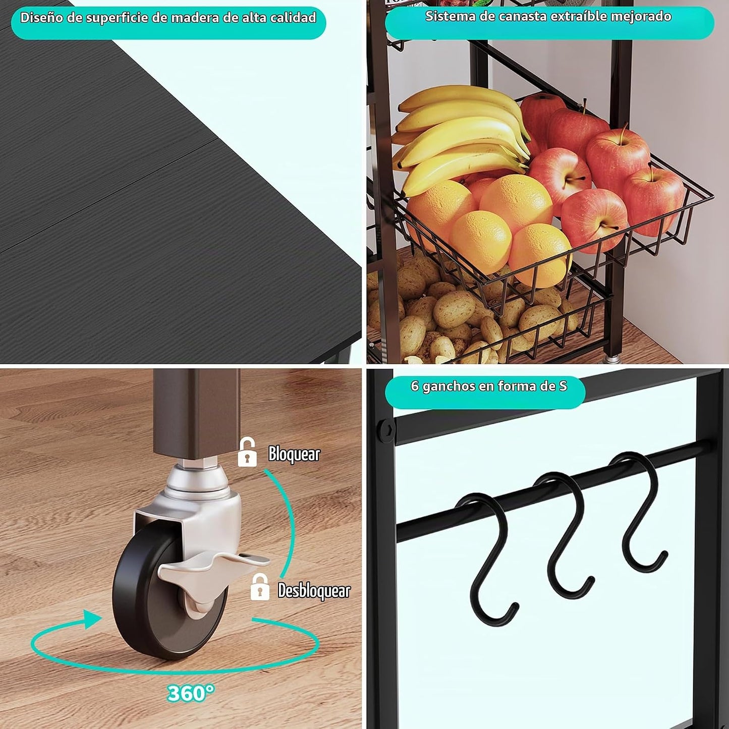 HapiRm Carrito de cocina con ruedas para microondas, soporte de mes...