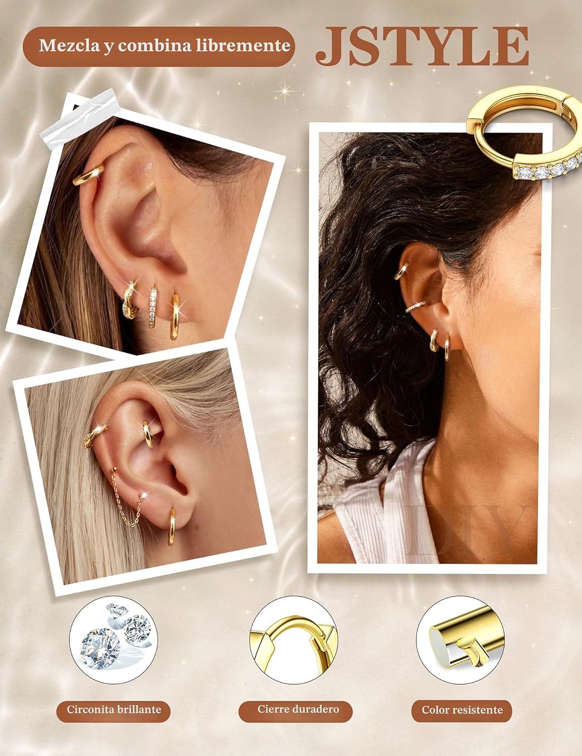 Jstyle Aretes de aro pequeños de oro para mujer, chapados en oro de...