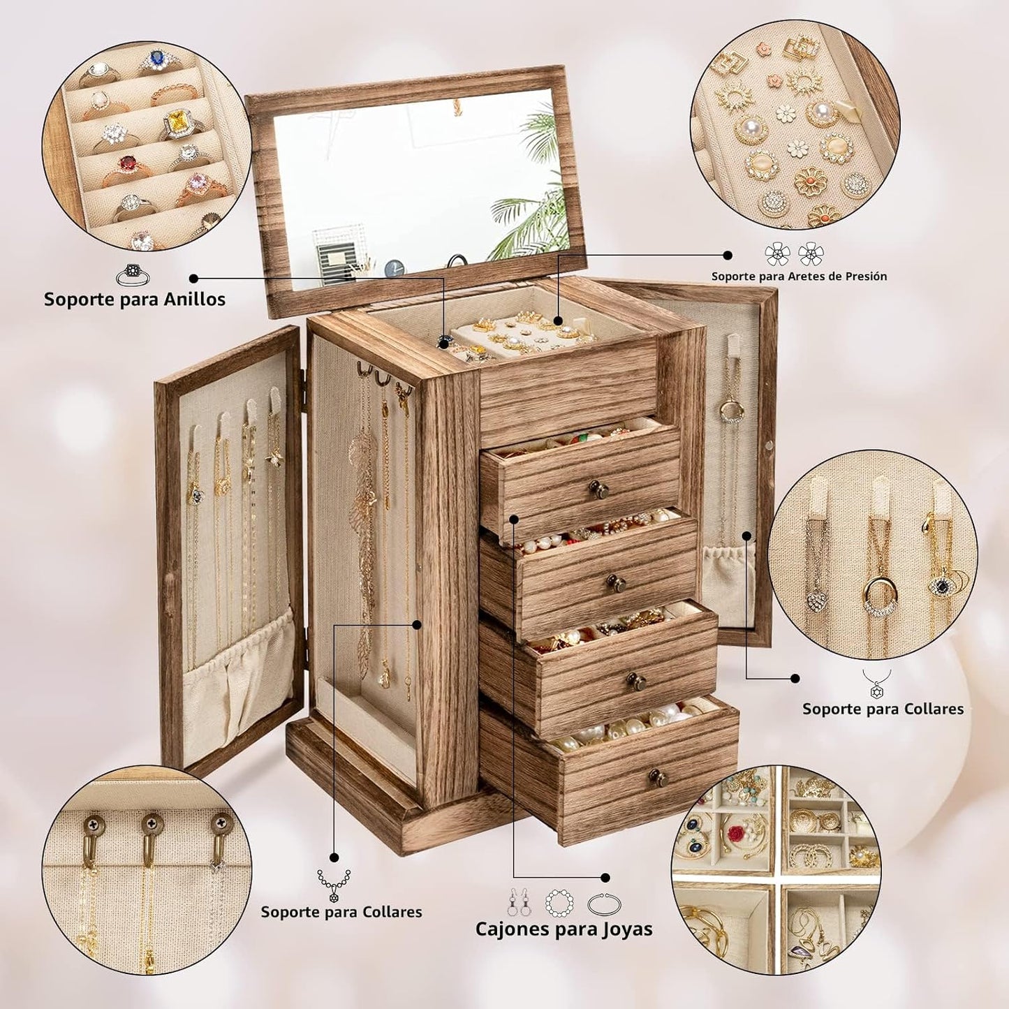Emfogo Caja de Joyería para Mujeres, Cajas y Organizadores de Mader...