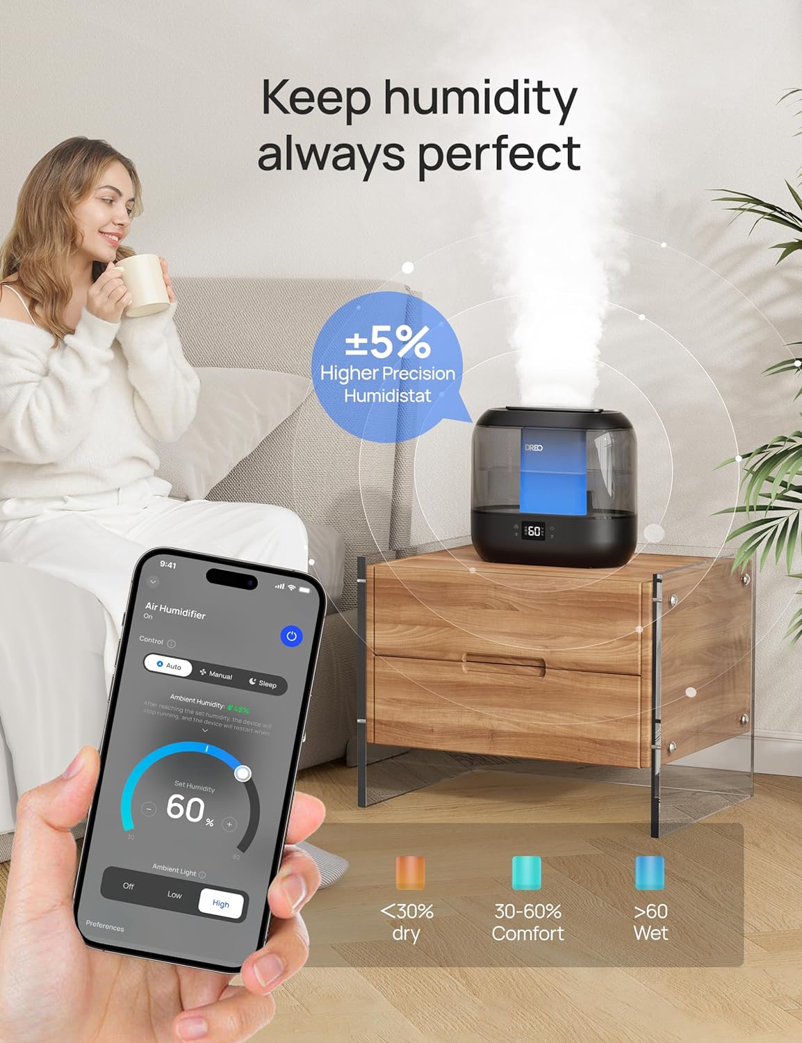 DREO Humidificadores inteligentes para dormitorio, filtro incluido,...
