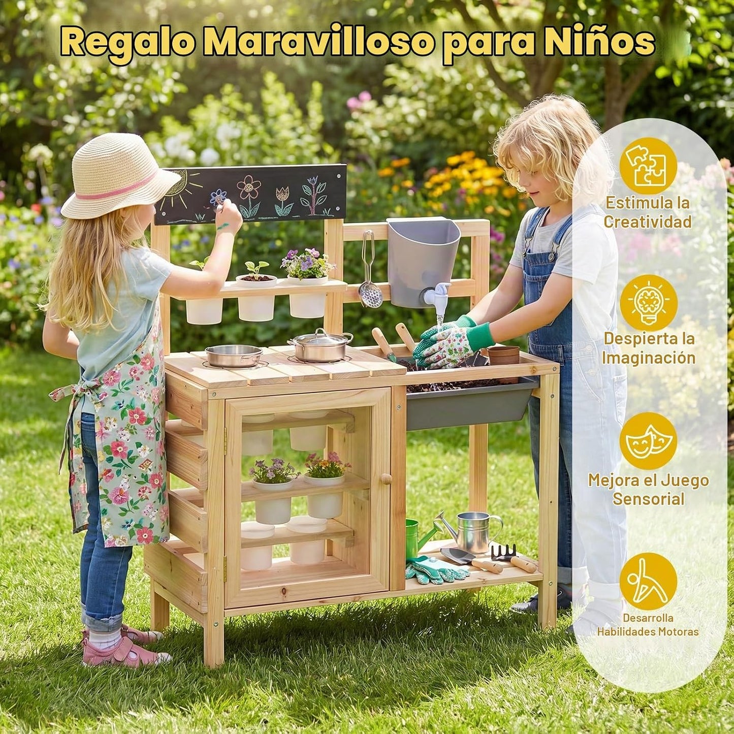 Costzon Cocina de barro, banco de madera para macetas para niños co...