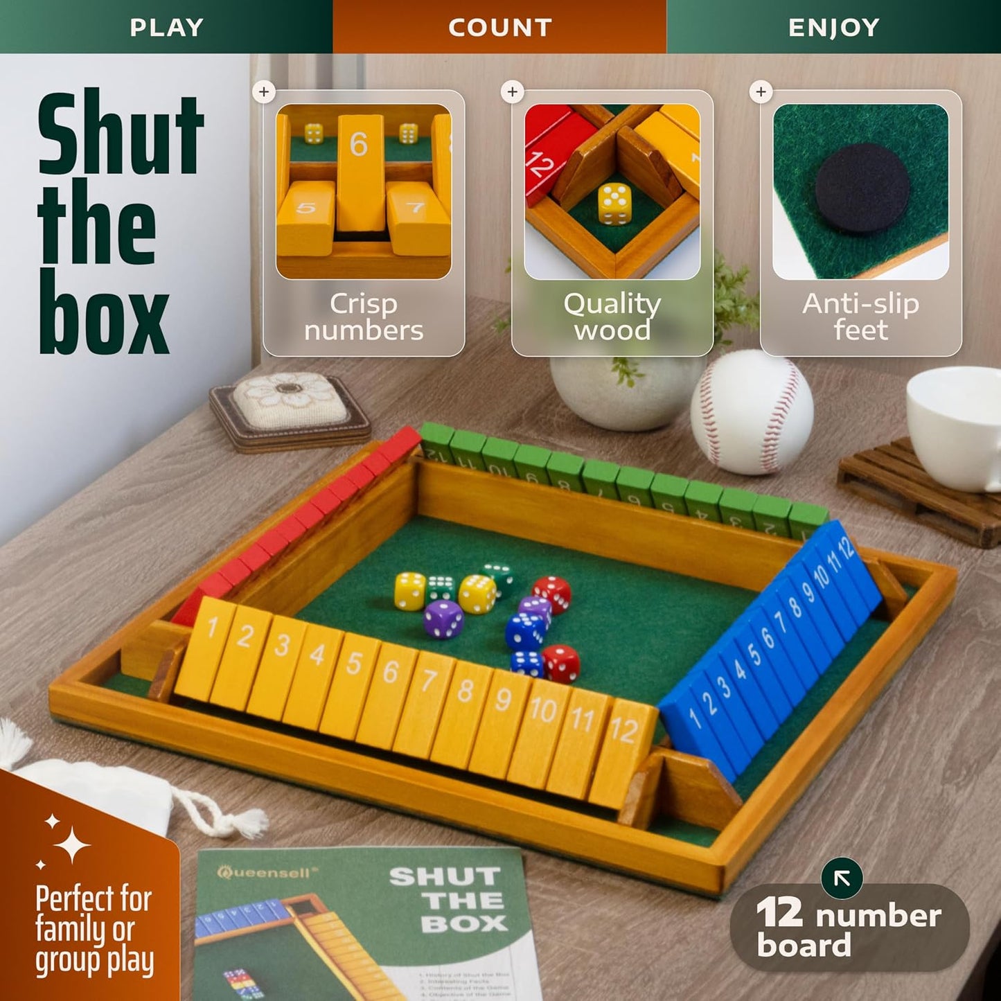 Shut The Box Game Tablero de madera para 4 jugadores, juego de 14 p...