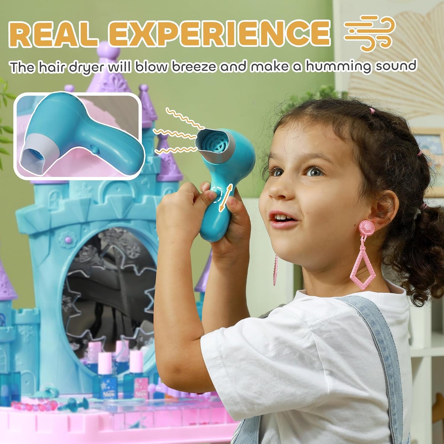 Qaba - Juego de tocador infantil con espejo y taburete para niñas d...