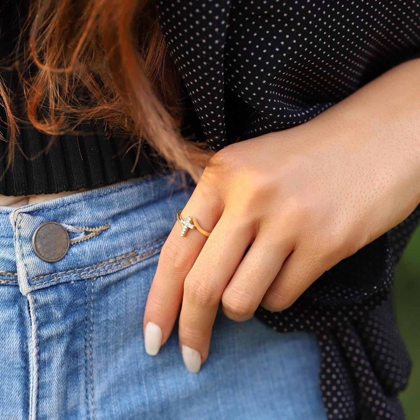 Punhem Anillos de oro con cruz para mujer, oro de 14 quilates, tono...