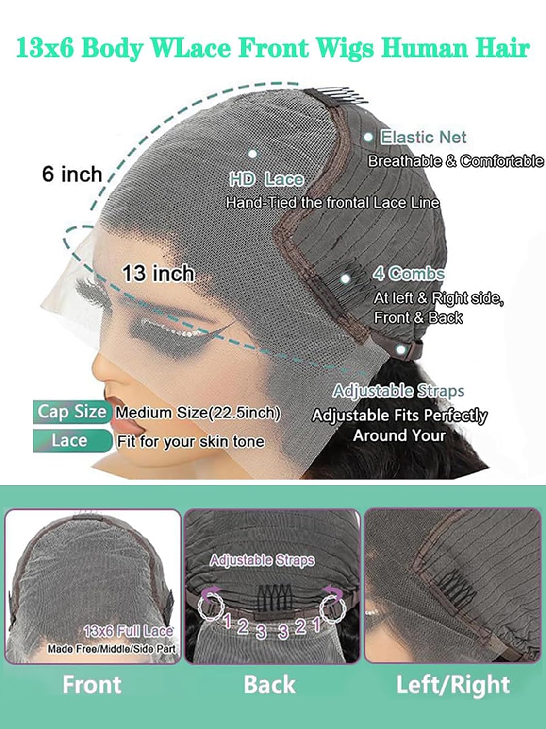 Fongly Pelucas de Cabello Humano Ondulado con Encaje Frontal 13x6 P...