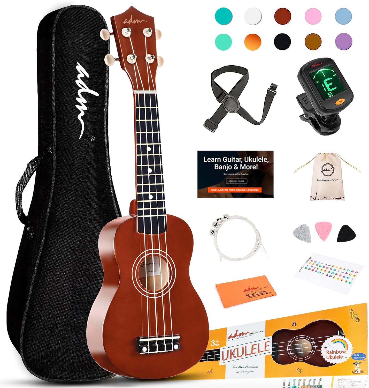 ADM Ukulele para principiantes, kit de ukulele de madera hawaiana p...