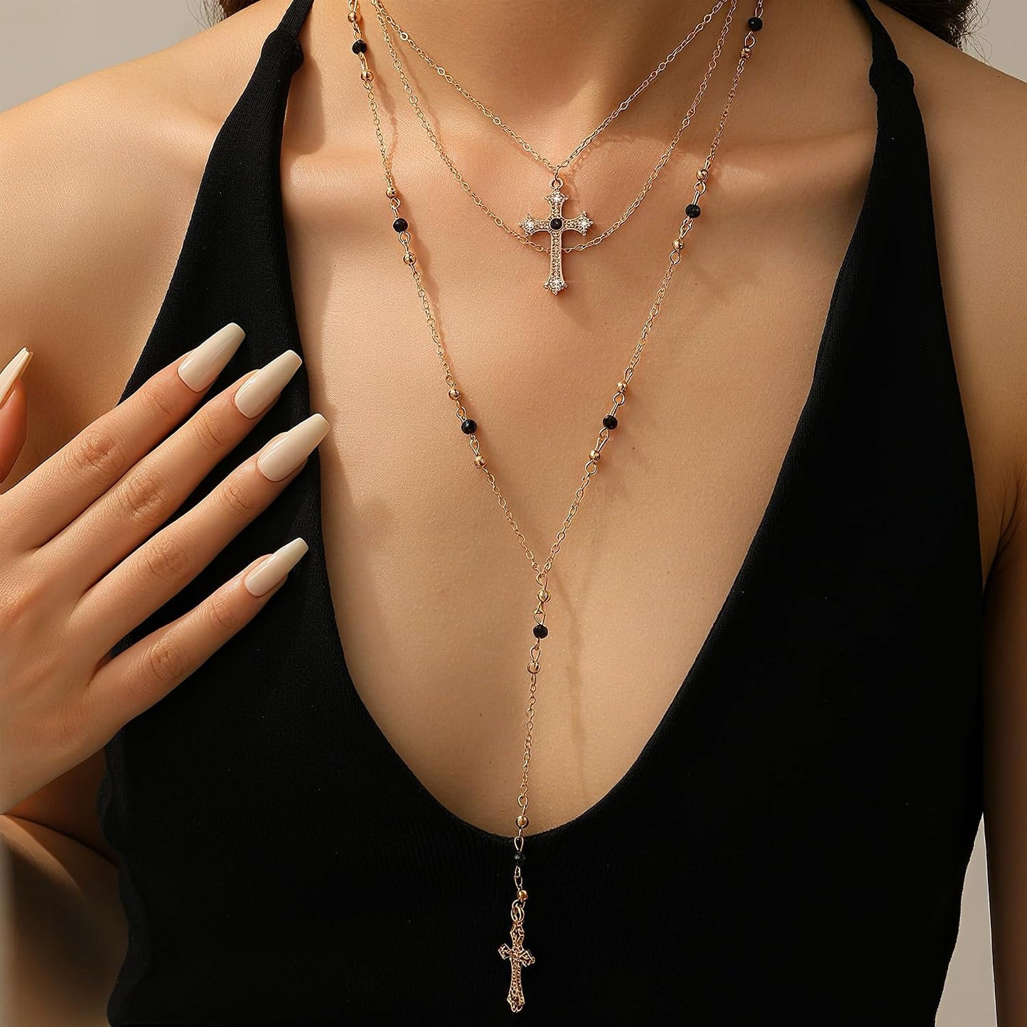 4 piezas de collares de cruz dorados en capas para mujer, modernos,...