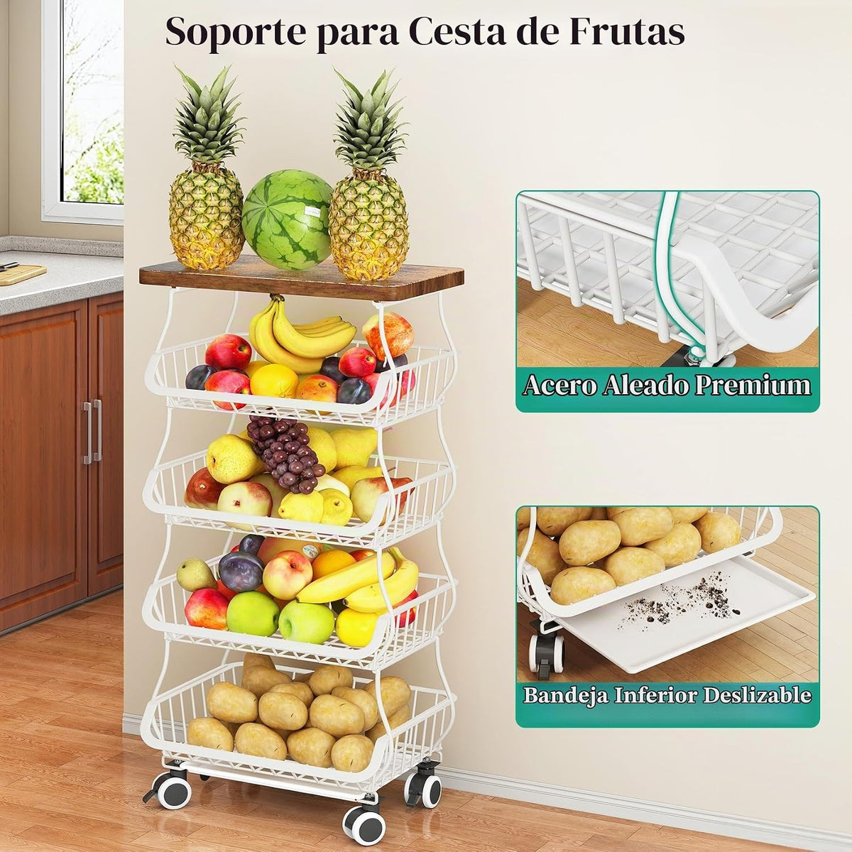 SAYZH Cesta de frutas para cocina con parte superior de madera de 5...