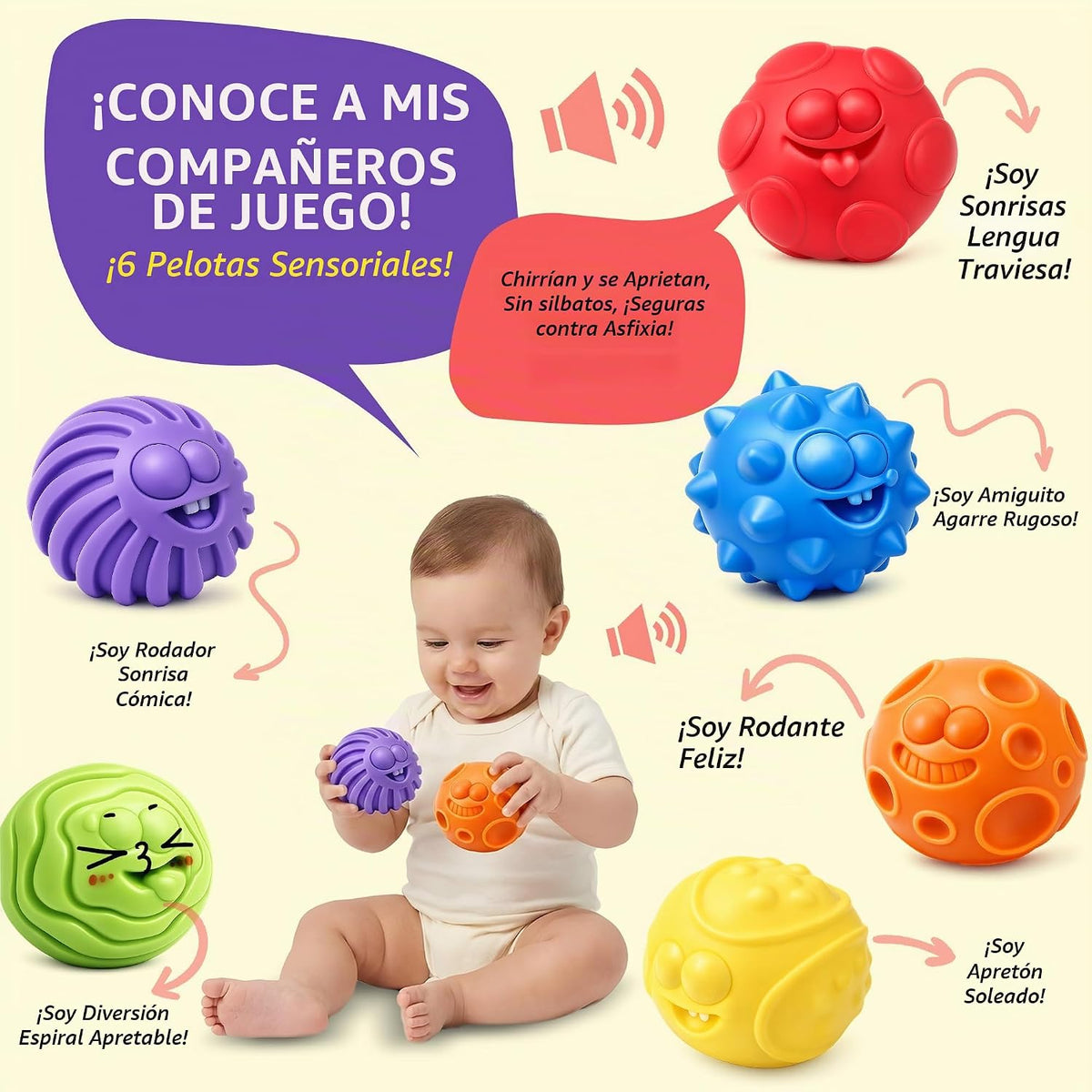 ROHSCE Bolas sensoriales para bebés de 6 a 12 meses, 6 juguetes tex...