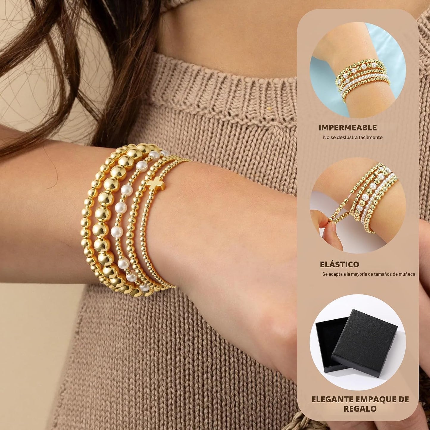 Yoosteel Juego de pulseras de cuentas de oro para mujeres, adolesce...