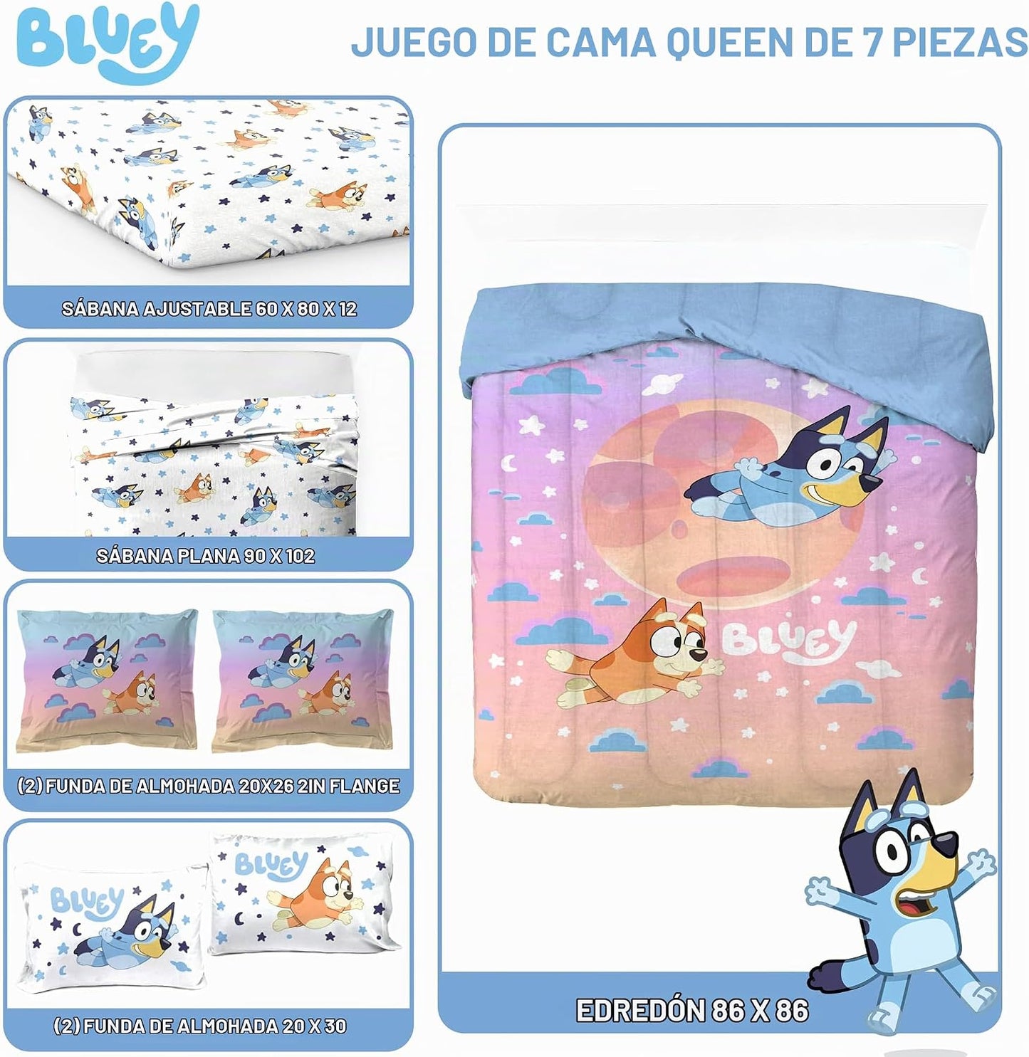 Jay Franco Bluey &amp; Bingo - Juego de edredón tamaño Queen, ropa...