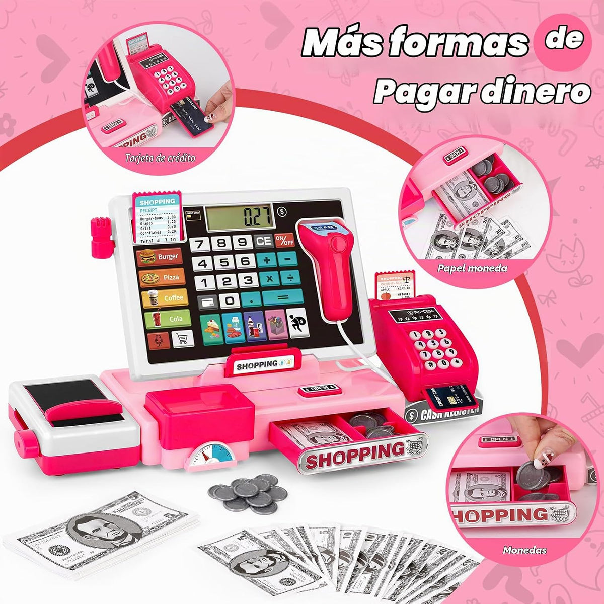 Set de juguete de caja registradora para niños, tienda de juguete p...