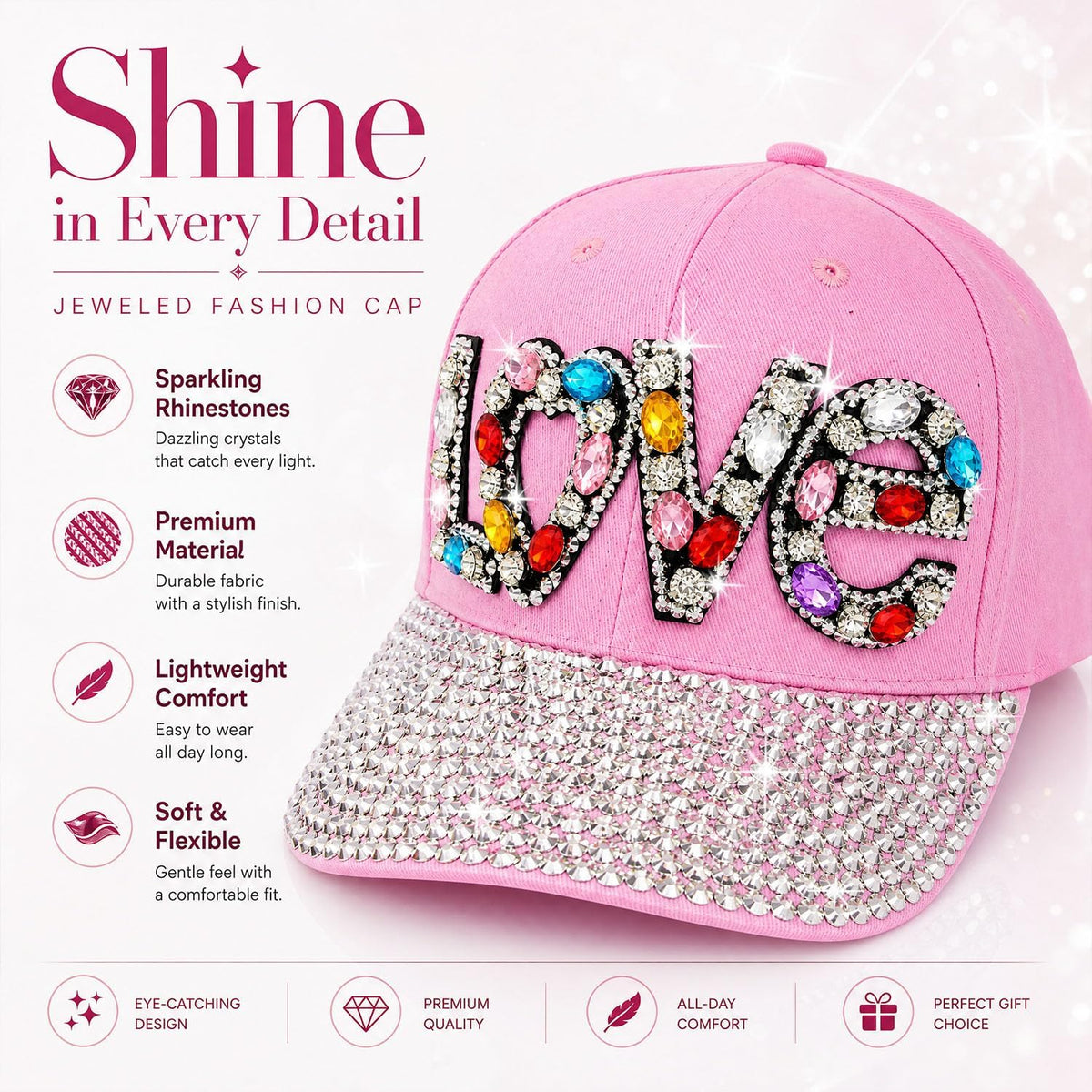 Gorra de béisbol brillante con diamantes de imitación, malla ajusta...