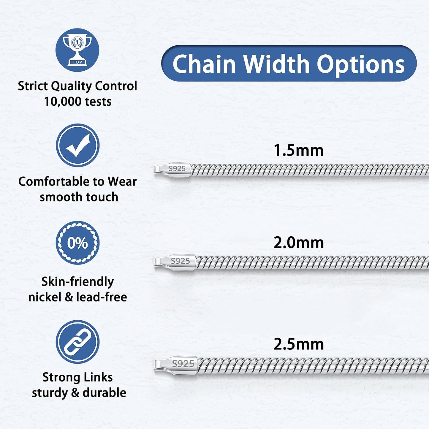 Jewlpire Cadena de serpiente de 1.5mm\/2mm\/2.5mm, collar de plata...