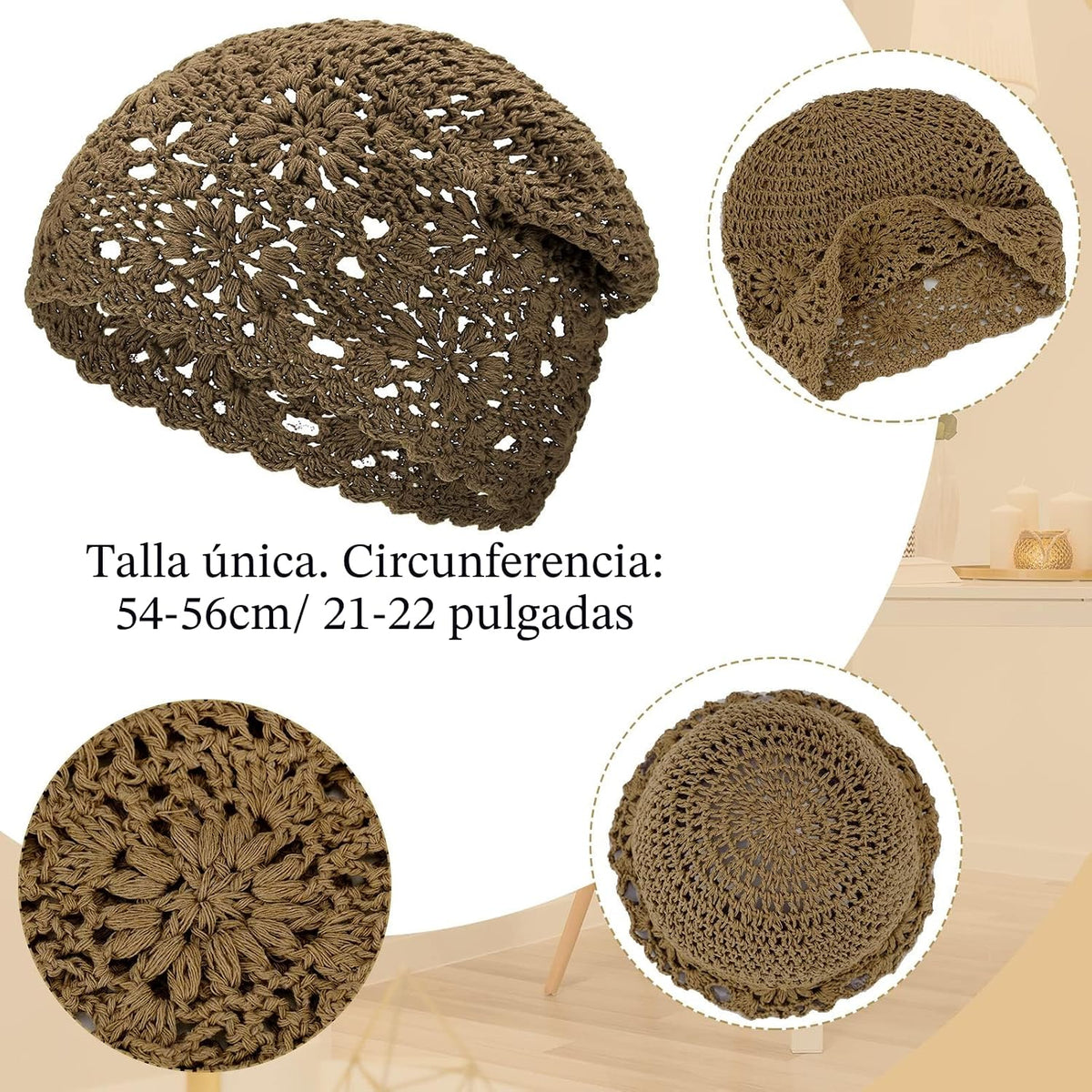 4 Piezas Gorros de Ganchillo Holgados 2025 Otoño Hechos a Mano Teji...