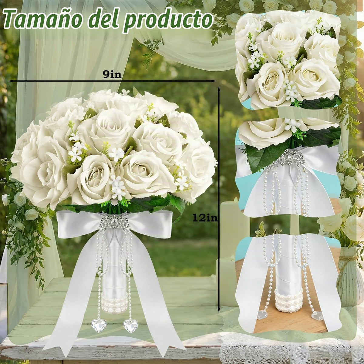Wowagoga Ramo de boda de 12 pulgadas con cintas de cristales de per...