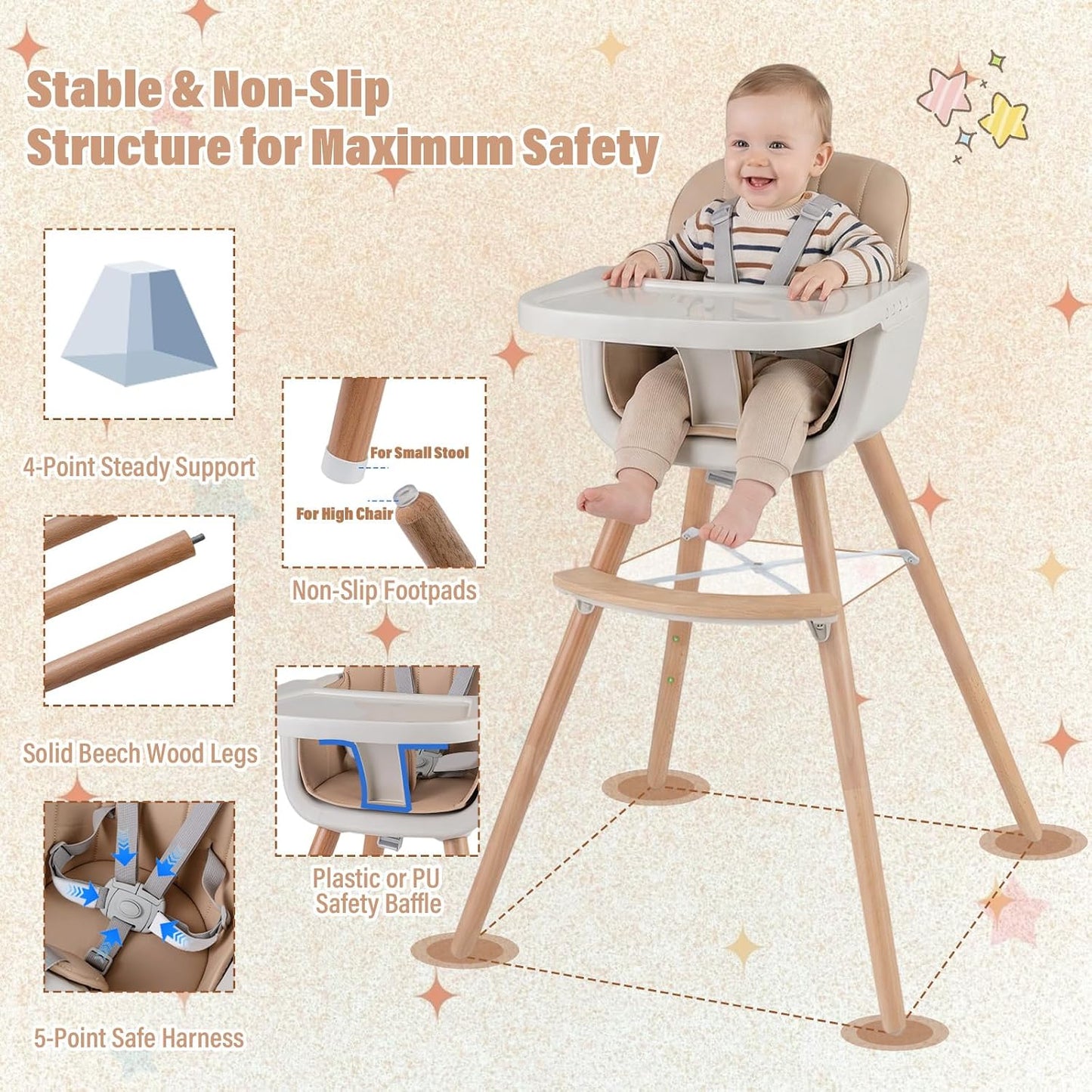 HONEY JOY Silla alta para bebé, silla alta 6 en 1 de madera Eat &am...