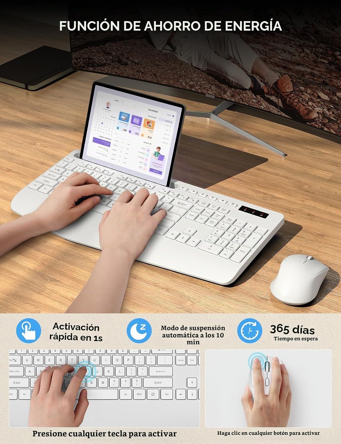 Combo de teclado y mouse inalámbricos, reposamuñecas ergonómico de...