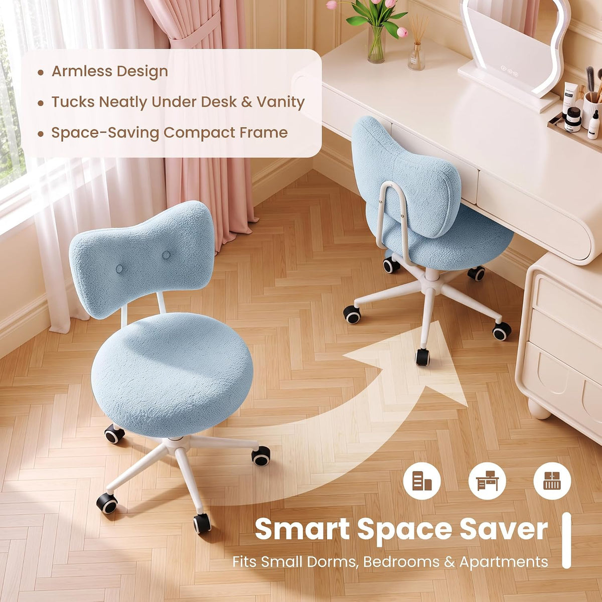 Silla de tocador pequeña con ruedas, cómoda silla de escritorio con...