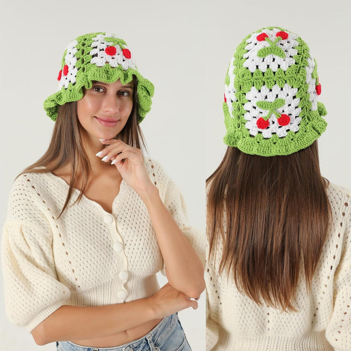 Fiewmay Sombrero de pescador de ganchillo para mujer, hecho a mano,...