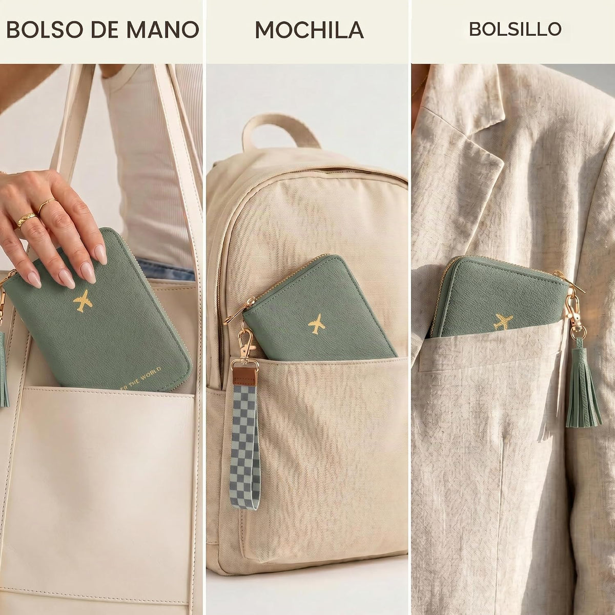 Hermoso soporte para pasaporte y cartera de viaje con correa de muñ...