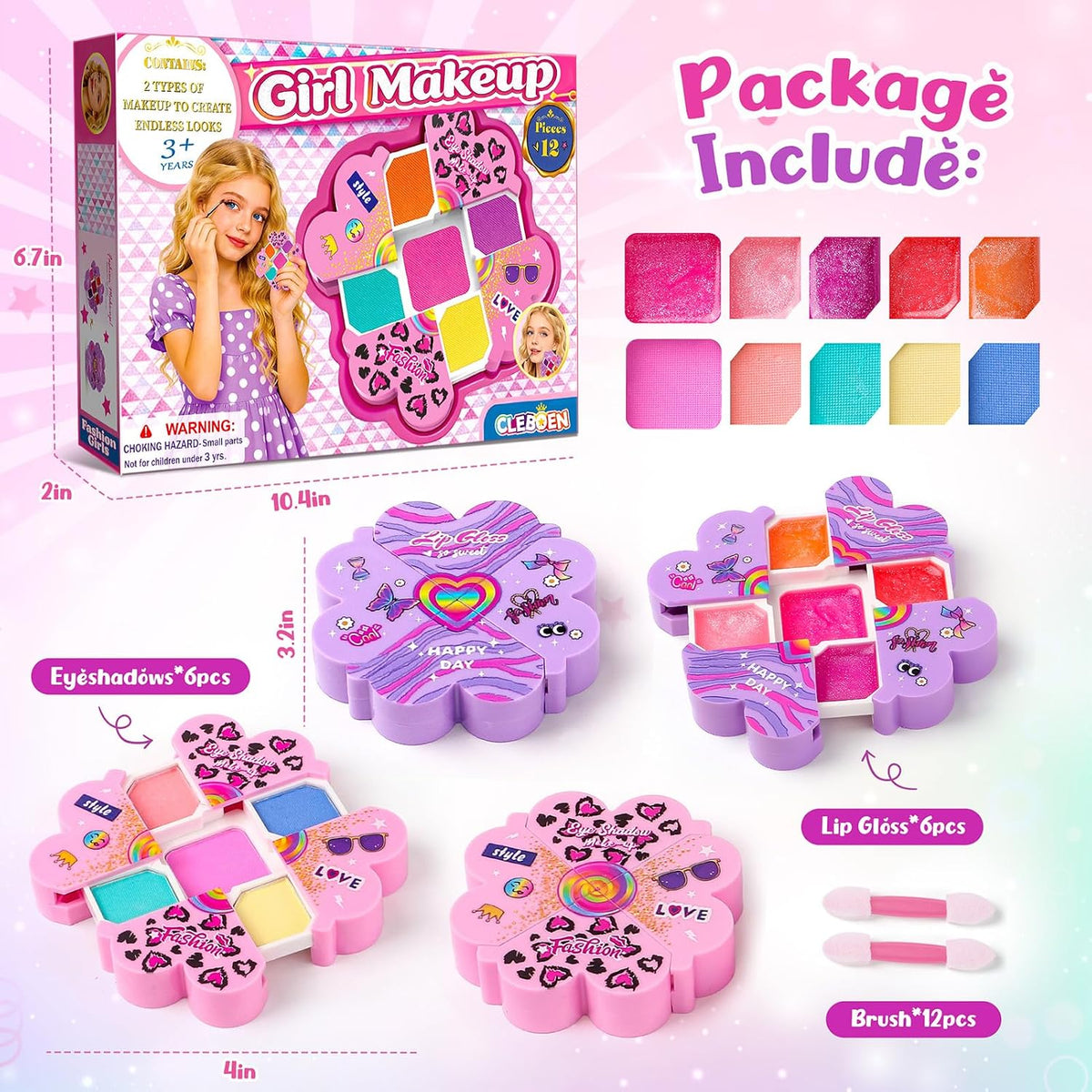 Cleboen Kit de maquillaje para niños para niñas, 12 piezas, juego d...