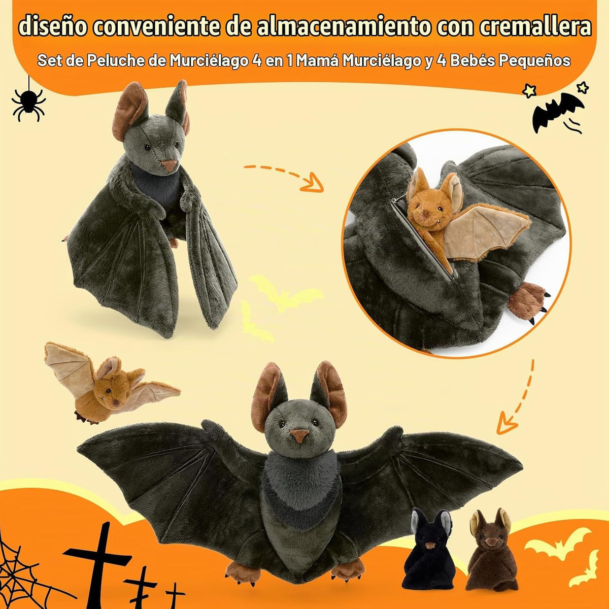 Tezituor Juego de 4 animales de peluche realistas de murciélago de...