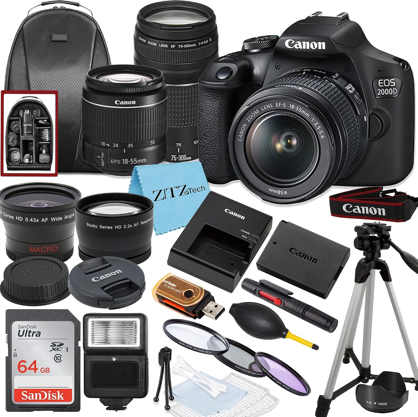 Canon Cámara DSLR EOS 2000D \/ Rebel T7 con EF-S 0.709-2.165 in + l...