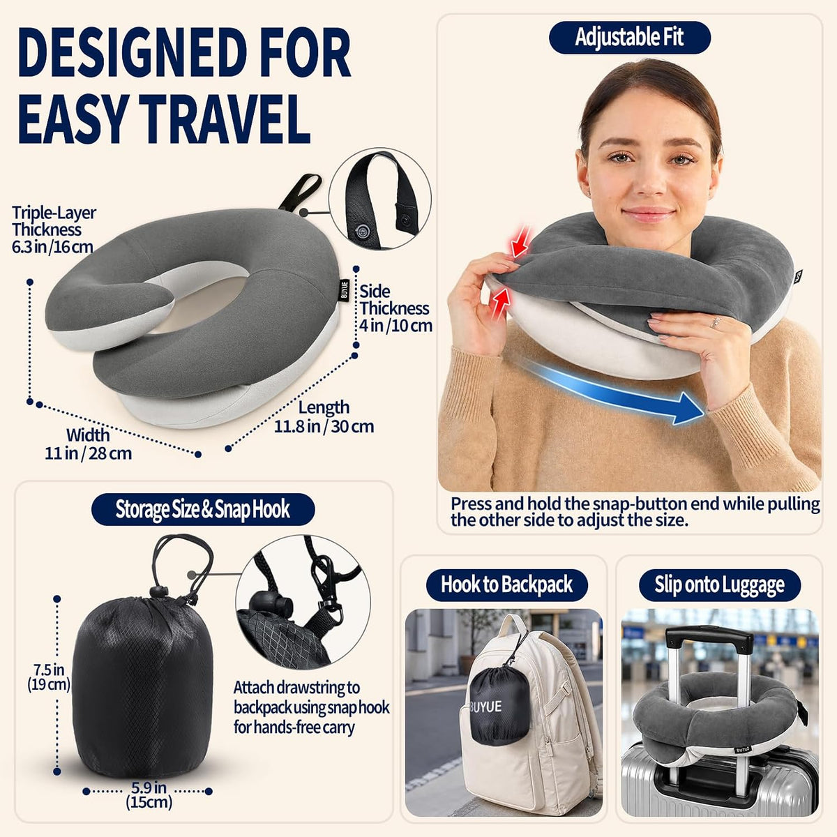 BUYUE Almohadas de cuello de viaje para aviones, espuma viscoelásti...