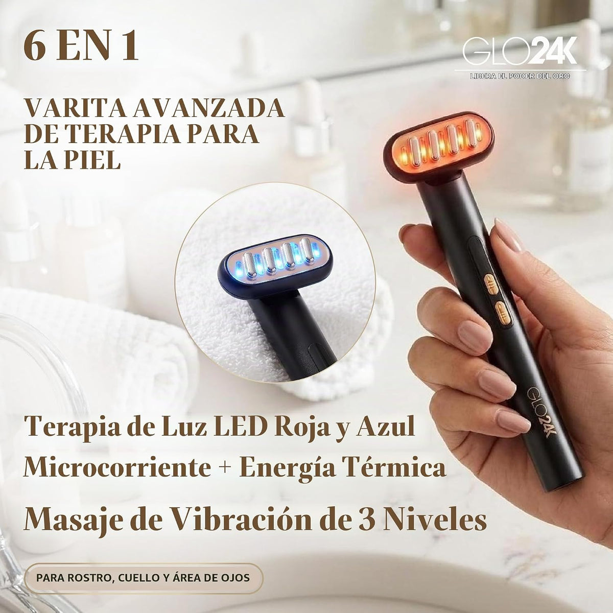 GLO24K Varita de Terapia de Belleza 6-EN-1 para la Cara, Ojos y Cue...