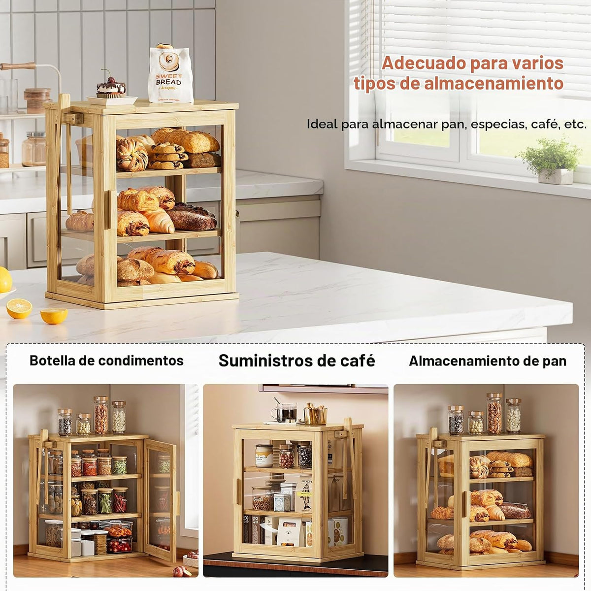 WOWLIVE Caja de Pan de Bambú para Encimera de Cocina, Contenedor de...