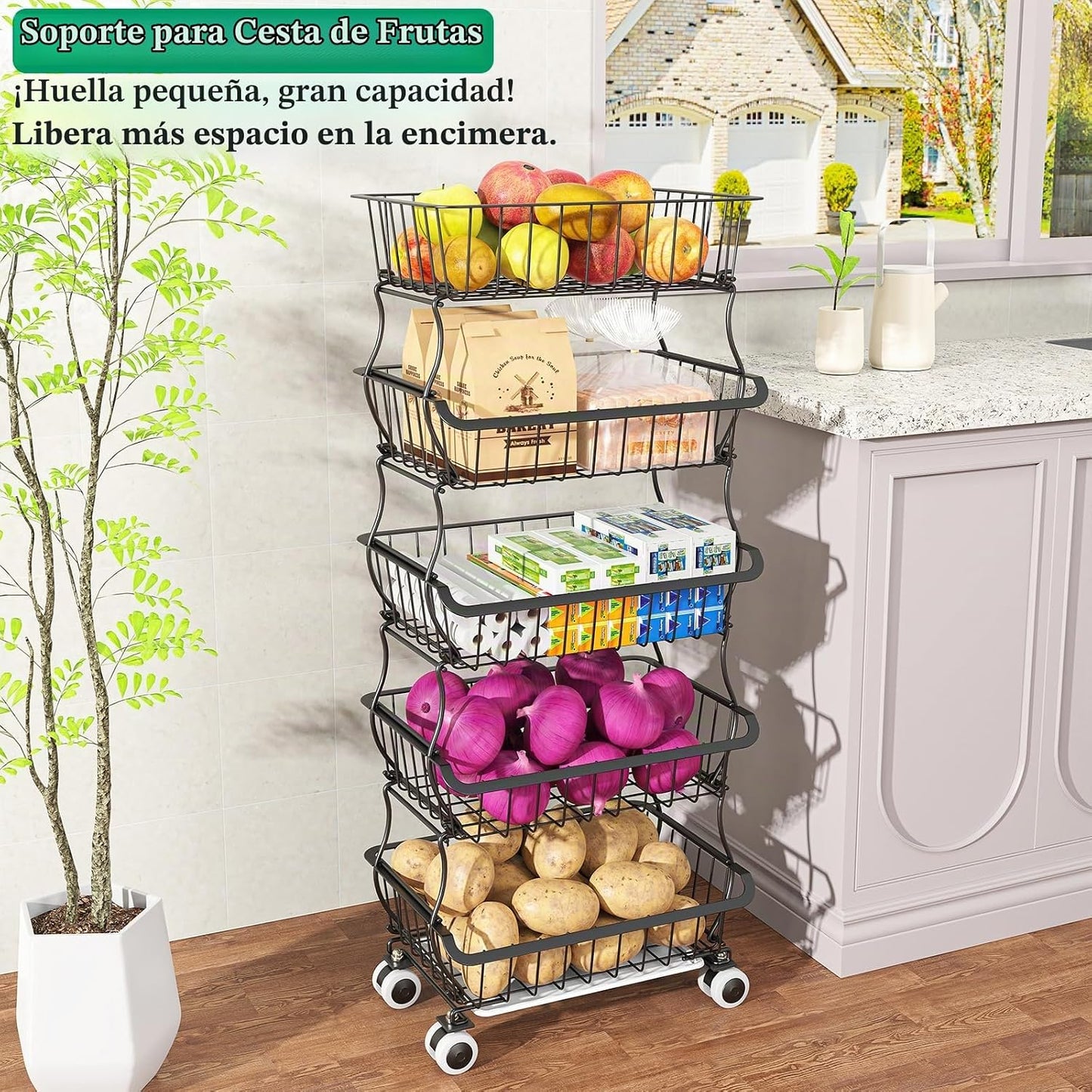 OKZEST cesta de frutas de 5 niveles para cocina, estante organizado...