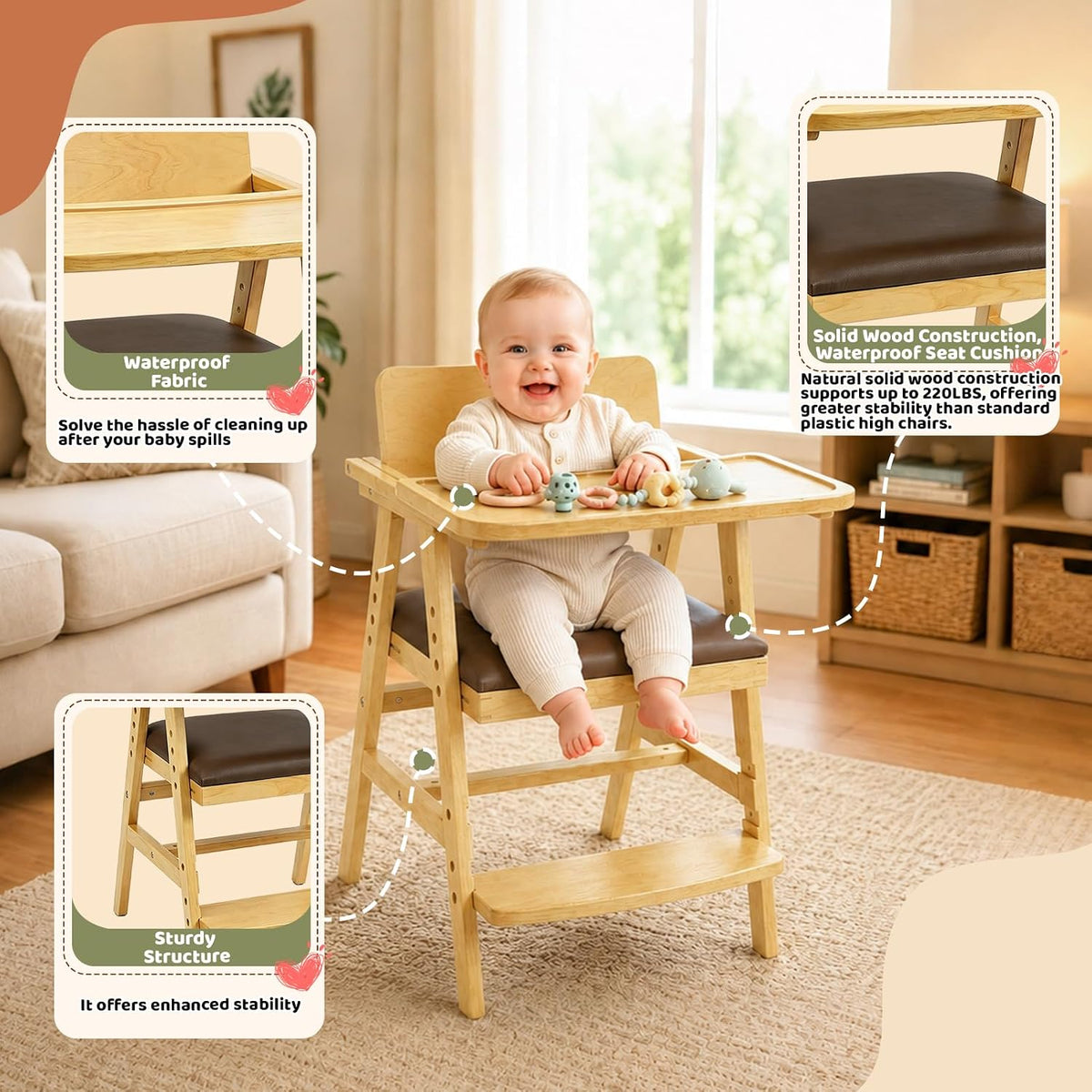 Trona de madera 3 en 1 para bebés y niños pequeños con bandeja ajus...